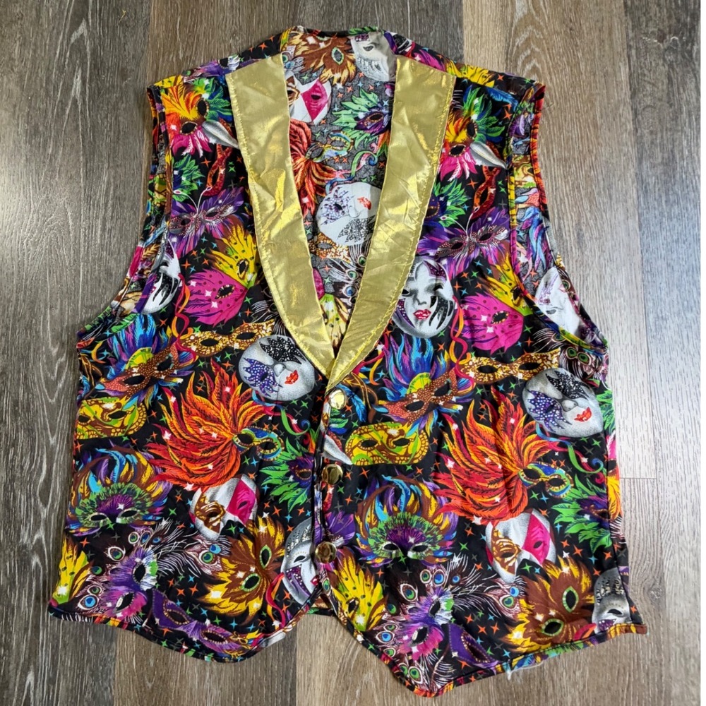 Unbranded Mardi Gras Vest Mens XL Multi Color Masquerade Mask Gold Lapel 5627